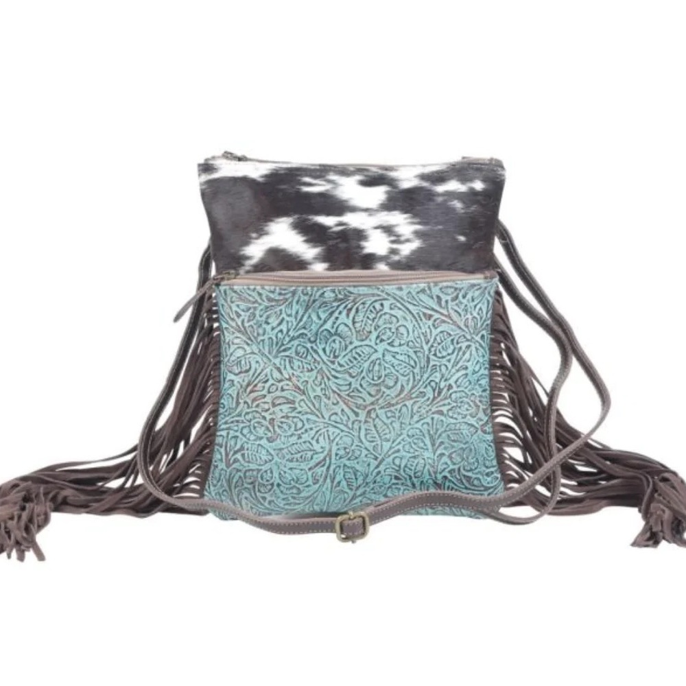 Myra hand tooled turquoise fringe bag